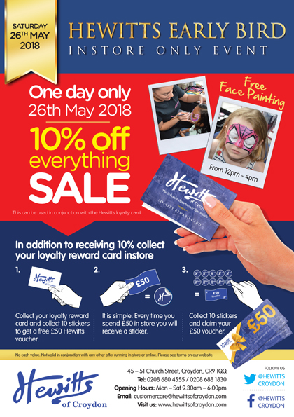 HEWITTS EARLY BIRD 10% OFF IN-STORE EVENT - 26TH MAY 2018